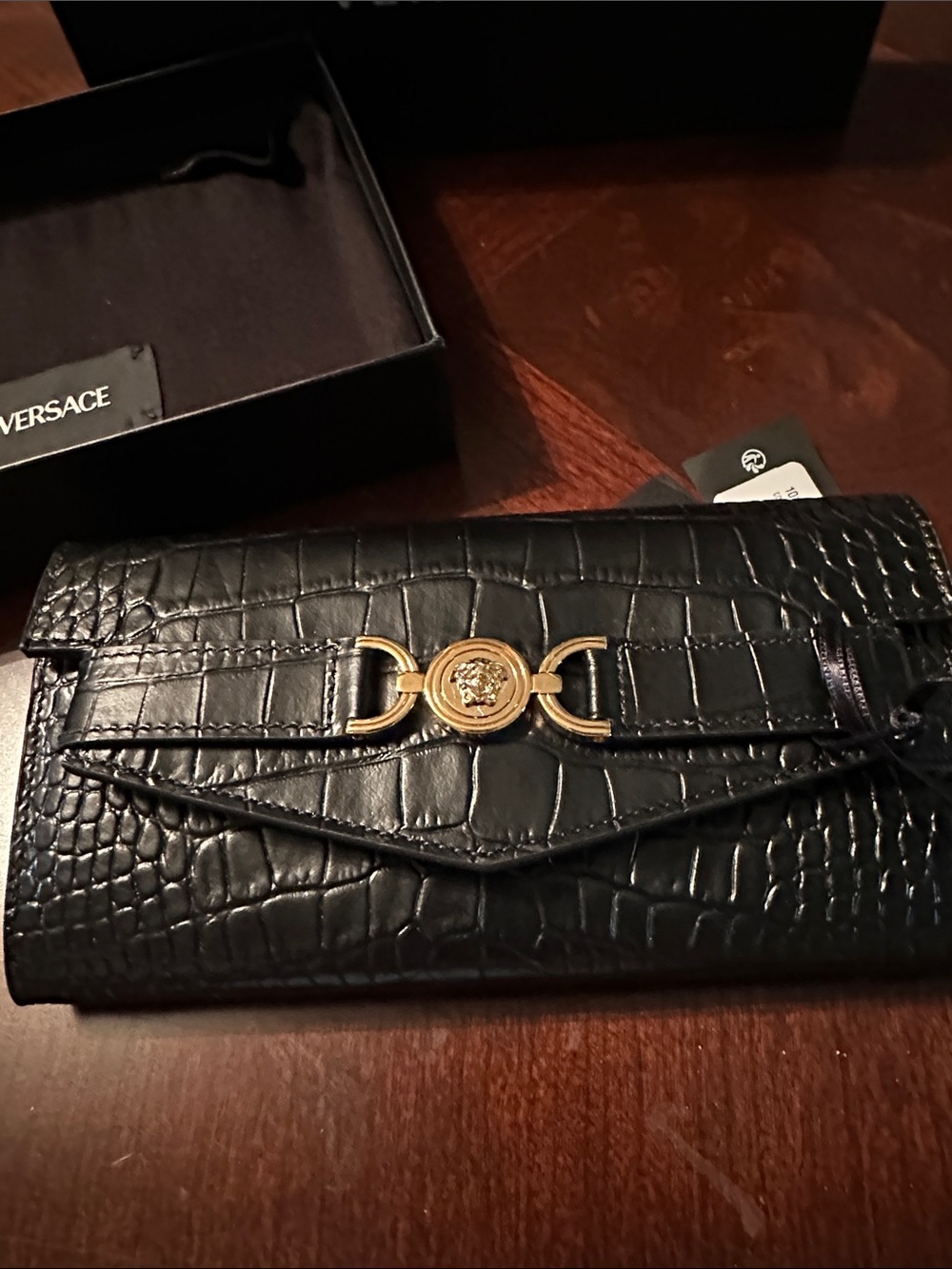 Versace Black Croc-Embossed Leather Clutch with Gold Medusa Hardware - Picture 2 of 7